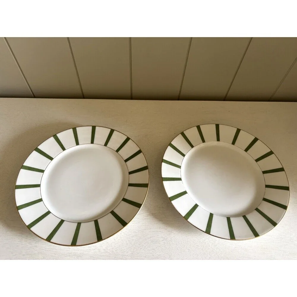 Vtg Pair 2 Appetizer Salad Plates Limoges France 8.5” Stripe Gold Trim Art Deco